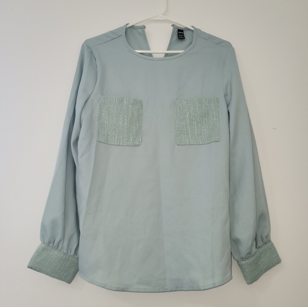SHEIN Mint Green Long Sleeve Shirt with Textured Pockets